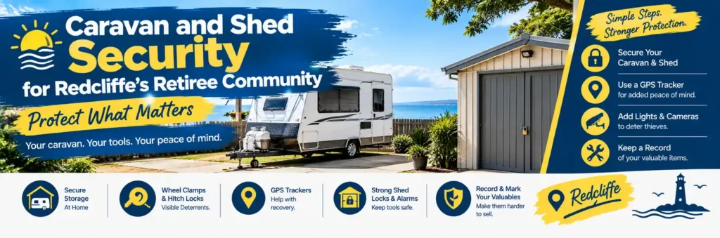 Caravan and locked garden shed in coastal Redcliffe, highlighting security measures including secure storage, wheel clamps, hitch locks, GPS trackers, shed alarms, security lights and recording valuable tools.
