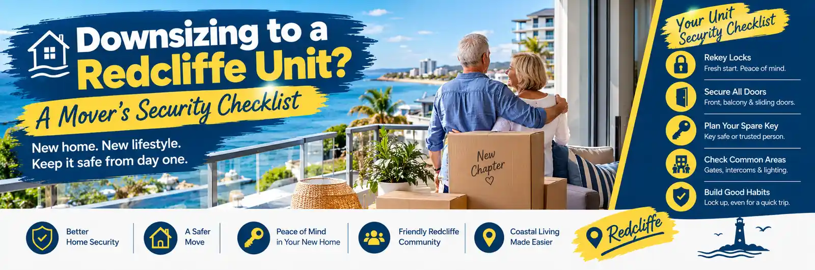 Older couple moving into a coastal apartment in Redcliffe, with a home security checklist covering lock rekeying, door security, spare keys, shared entrances, and safe moving practices.