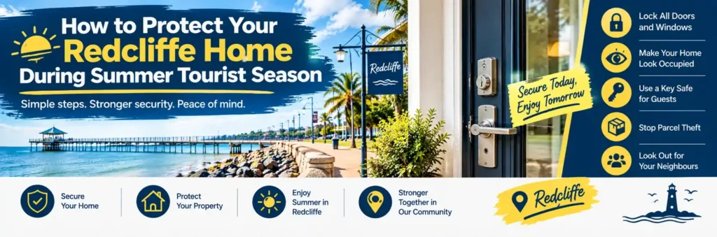 Summer home security in Redcliffe, showing a secured front door and coastal surroundings, with tips for locking doors and windows, using a key safe, preventing parcel theft, and looking after your property while away.
