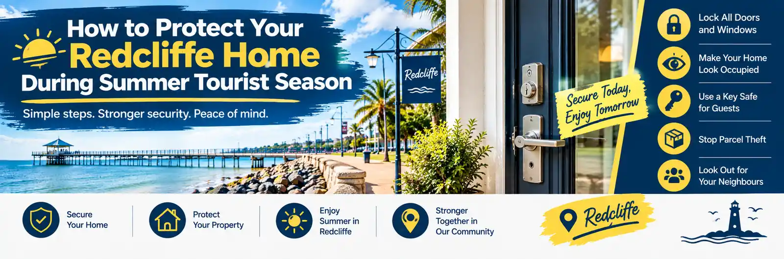 Summer home security in Redcliffe, showing a secured front door and coastal surroundings, with tips for locking doors and windows, using a key safe, preventing parcel theft, and looking after your property while away.
