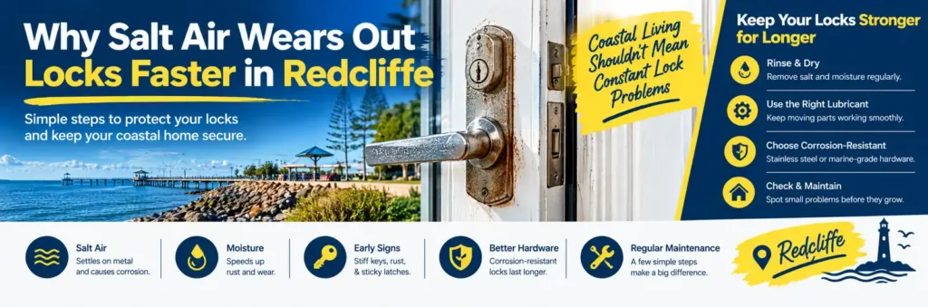 Salt air corrosion on a coastal home's door lock in Redcliffe, illustrating how moisture and sea salt damage locks and why regular maintenance and corrosion-resistant hardware matter.