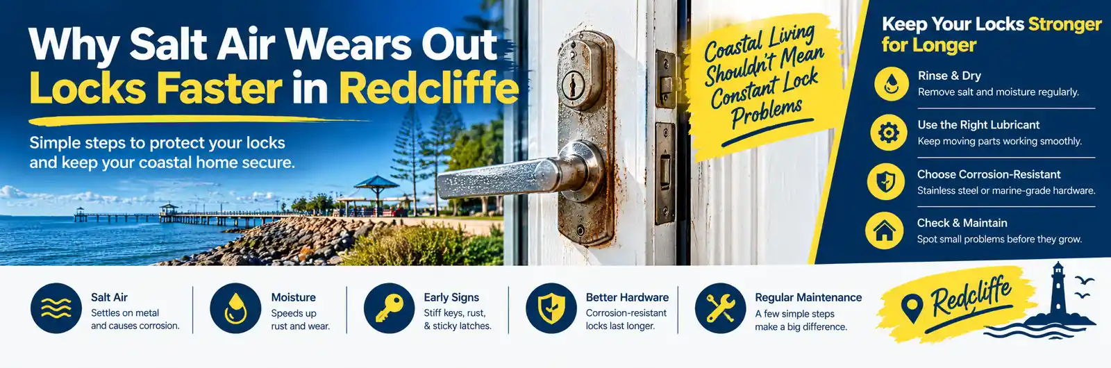 Salt air corrosion on a coastal home's door lock in Redcliffe, illustrating how moisture and sea salt damage locks and why regular maintenance and corrosion-resistant hardware matter.