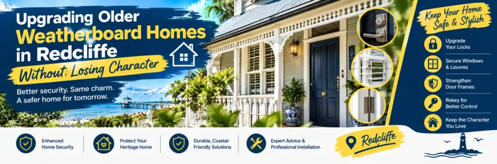 Older weatherboard home in Redcliffe with upgraded door locks, secure windows and reinforced entry points, illustrating how to improve home security while preserving the home's original character.