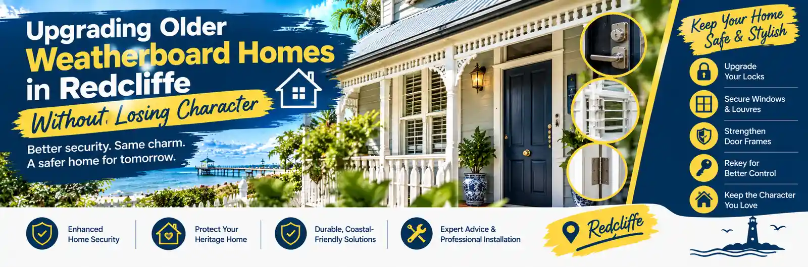 Older weatherboard home in Redcliffe with upgraded door locks, secure windows and reinforced entry points, illustrating how to improve home security while preserving the home's original character.
